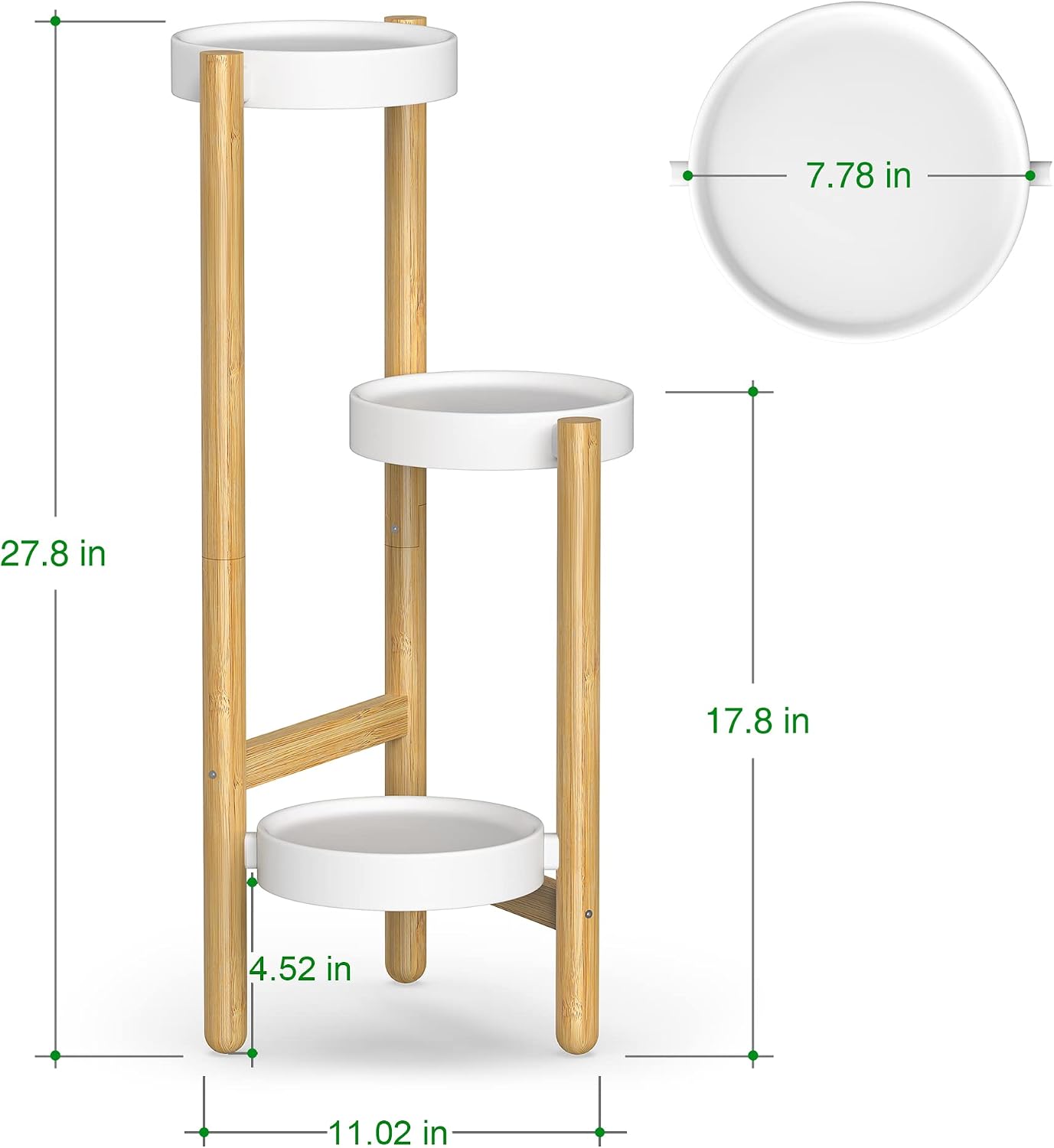 Wisuce Bamboo Plant Stand Indoor, 3 Tier Tall Corner Plant Shelf Table | Easy-Clean Steel Top | Smooth Bamboo | Narrow