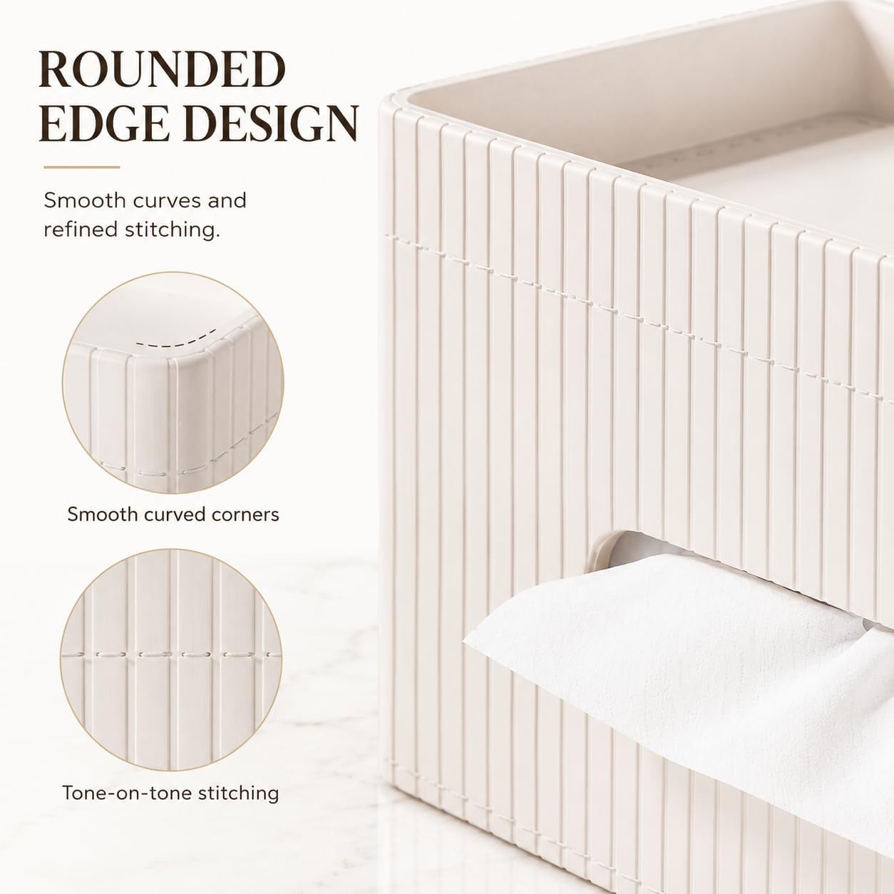 Ribbed PU Leather Tissue Box Cover / Ivory White