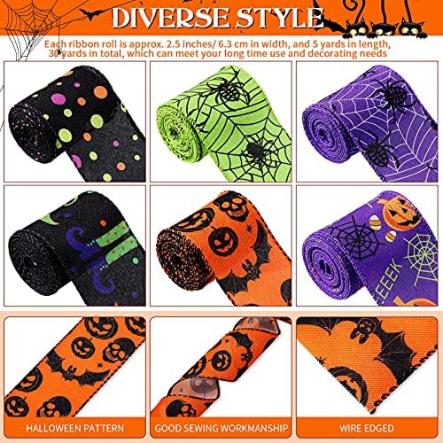 Chuangdi 6 Rolls 30 Yards Halloween Wired Ribbon, 2.5 Inch Wide