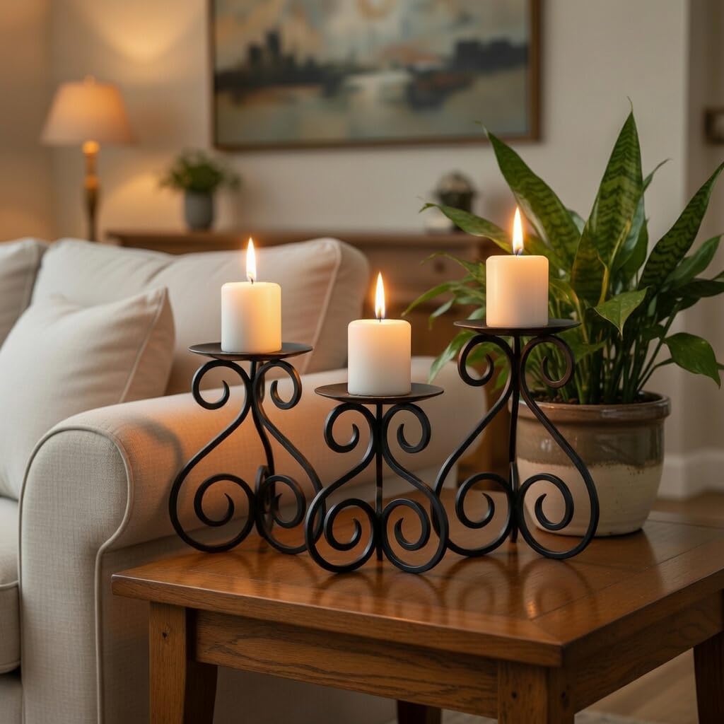 Hosley Illuminate in Style with Our Set of 3 Iron Candle LED Pillar Holders - Large 7 Inches, Medium 6 Inches, Small 5