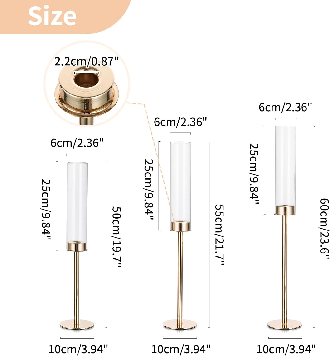 NUPTIO Hurricane Glass Candle Holders: Set of 6 Tall Gold Metal Candlestick Holder with Chimney Tube Brass Tiered Taper