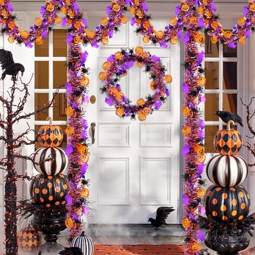 50FT Halloween Tinsel Garland with Orange Pumpkin Black Spider Purple Bat
