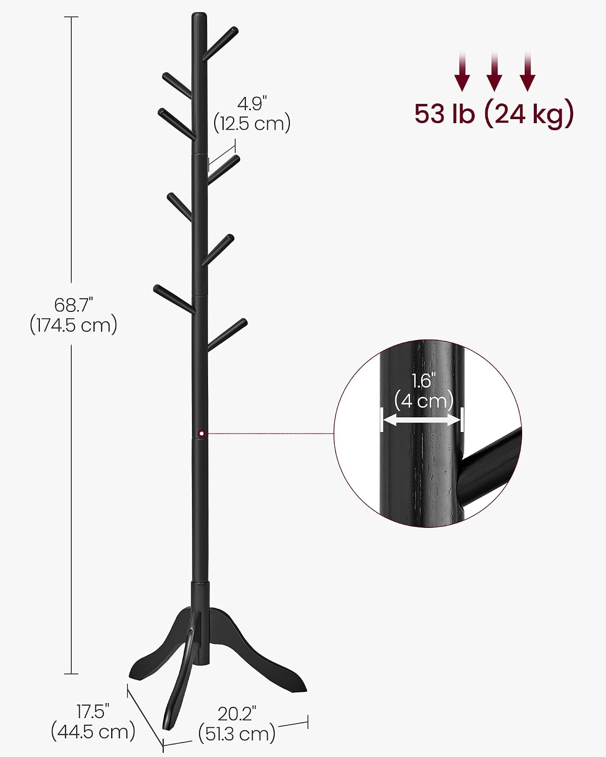 VASAGLE Solid Wood Coat Rack, Free Standing Tree-Shaped Coat Rack with 8 Hooks, 3 Height Options, for Clothes, Hats