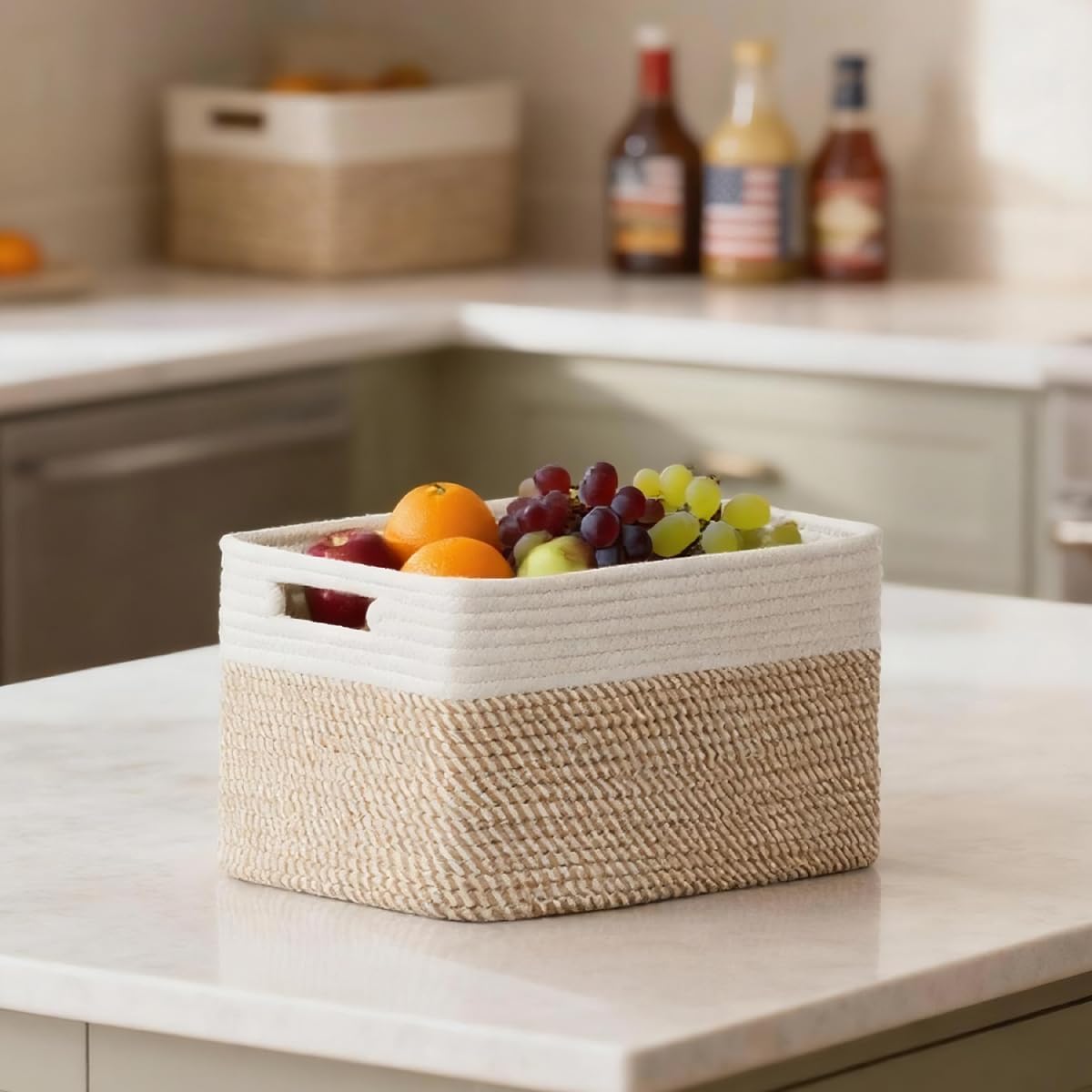 Woven Storage Baskets / Khaki & White / Set of 5