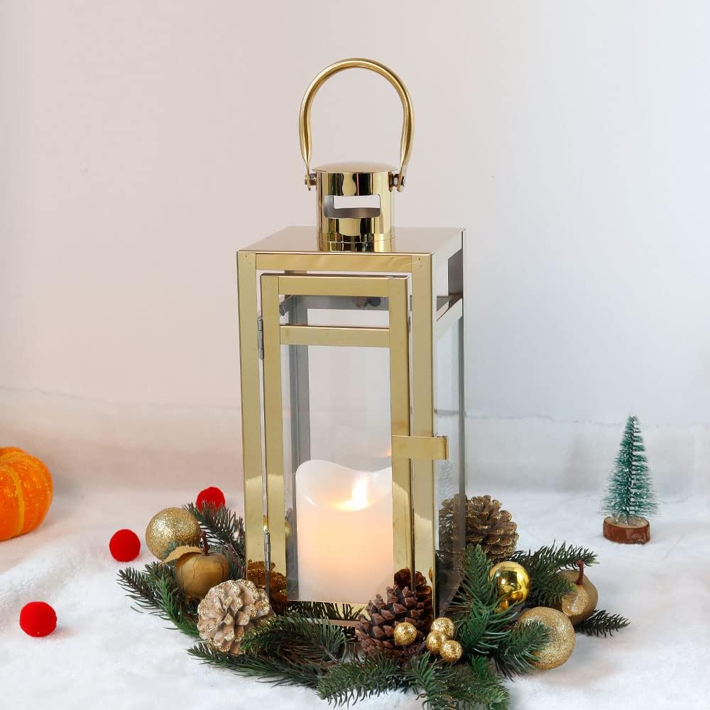 TRIROCKS Set of 2 Stainless Steel Decorative Lantern 12'' High Metal Candle Holder Outdoor Candle Lantern with Tempered