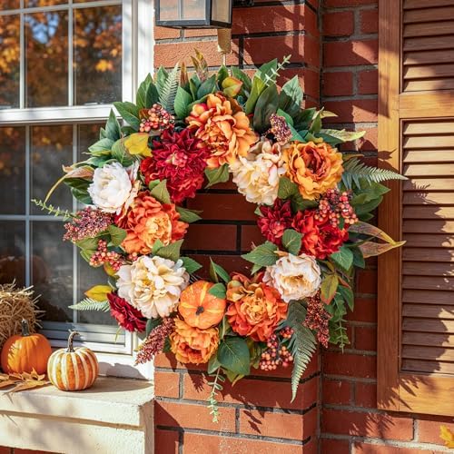 24 InchFall Wreaths for Front Door Autumn Wreath with Peony, Pumpkins