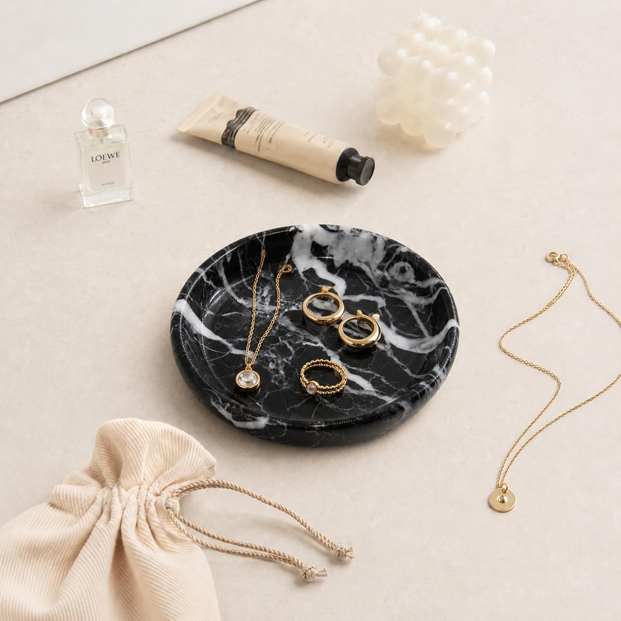 Small Natural Marble Jewelry Tray Key Plate Holder Dish Trinket Decor Catch All Bowl / Black