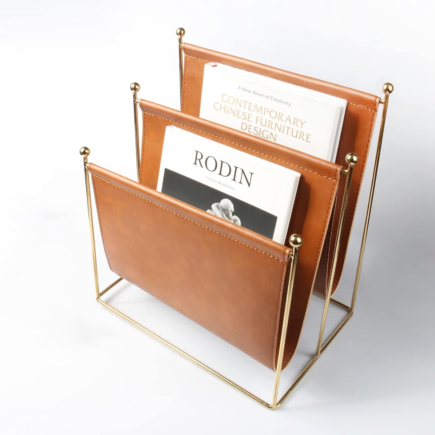 Plated Metal Wire and Leatherette Magazine Holder Rack, 2-Slot Standing Rack for Magazines, Books, Newspapers, Home