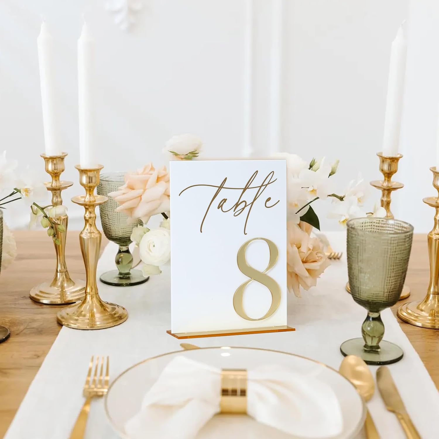 Acrylic Wedding Table Numbers 1-15 with Stands, 5"x7" White Acrylic Signs with 3D Gold Mirror Numbers, White and Gold