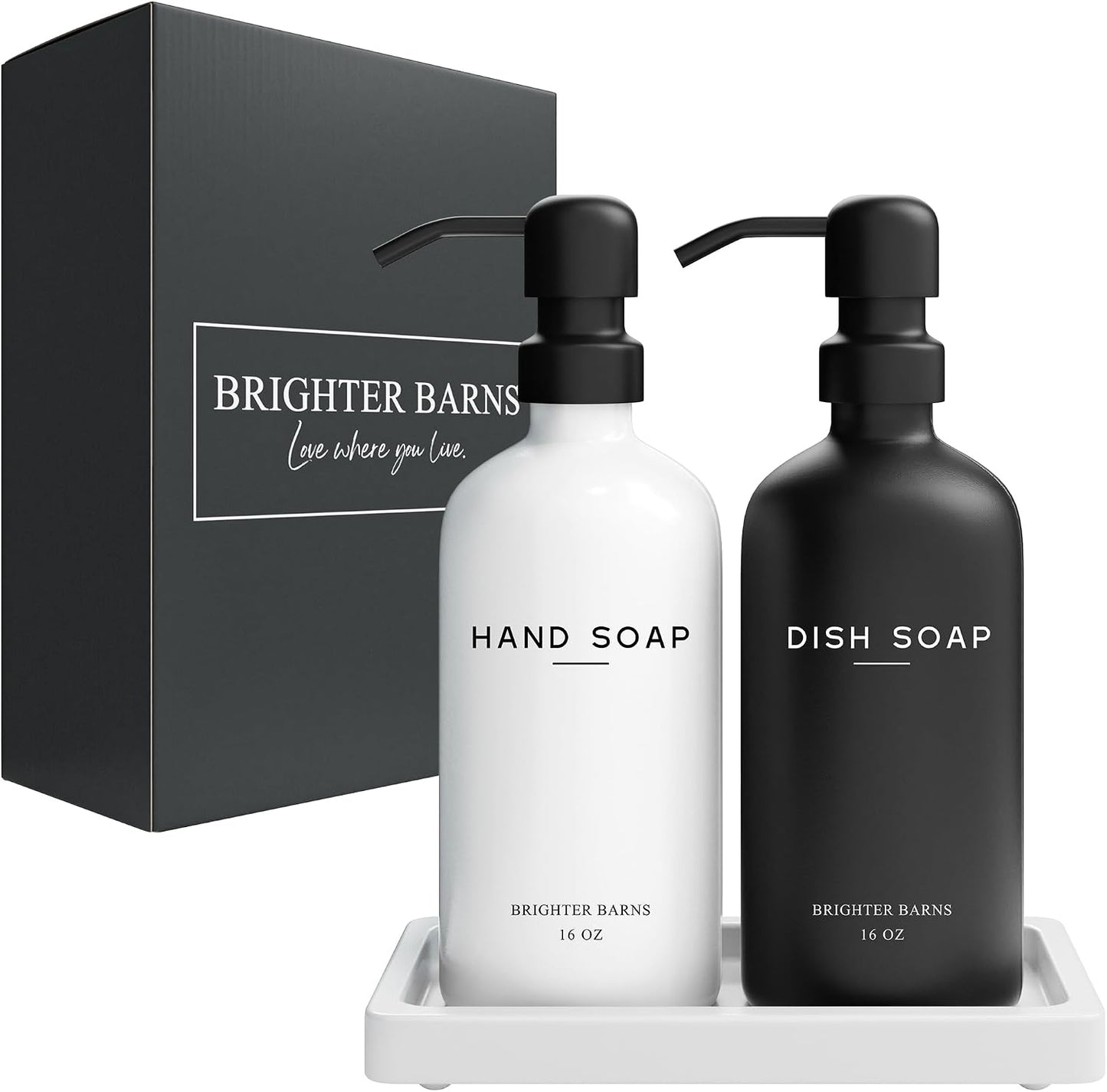 Tray / Glass Hand and Dish Soap Dispenser Set by / Black White Hd