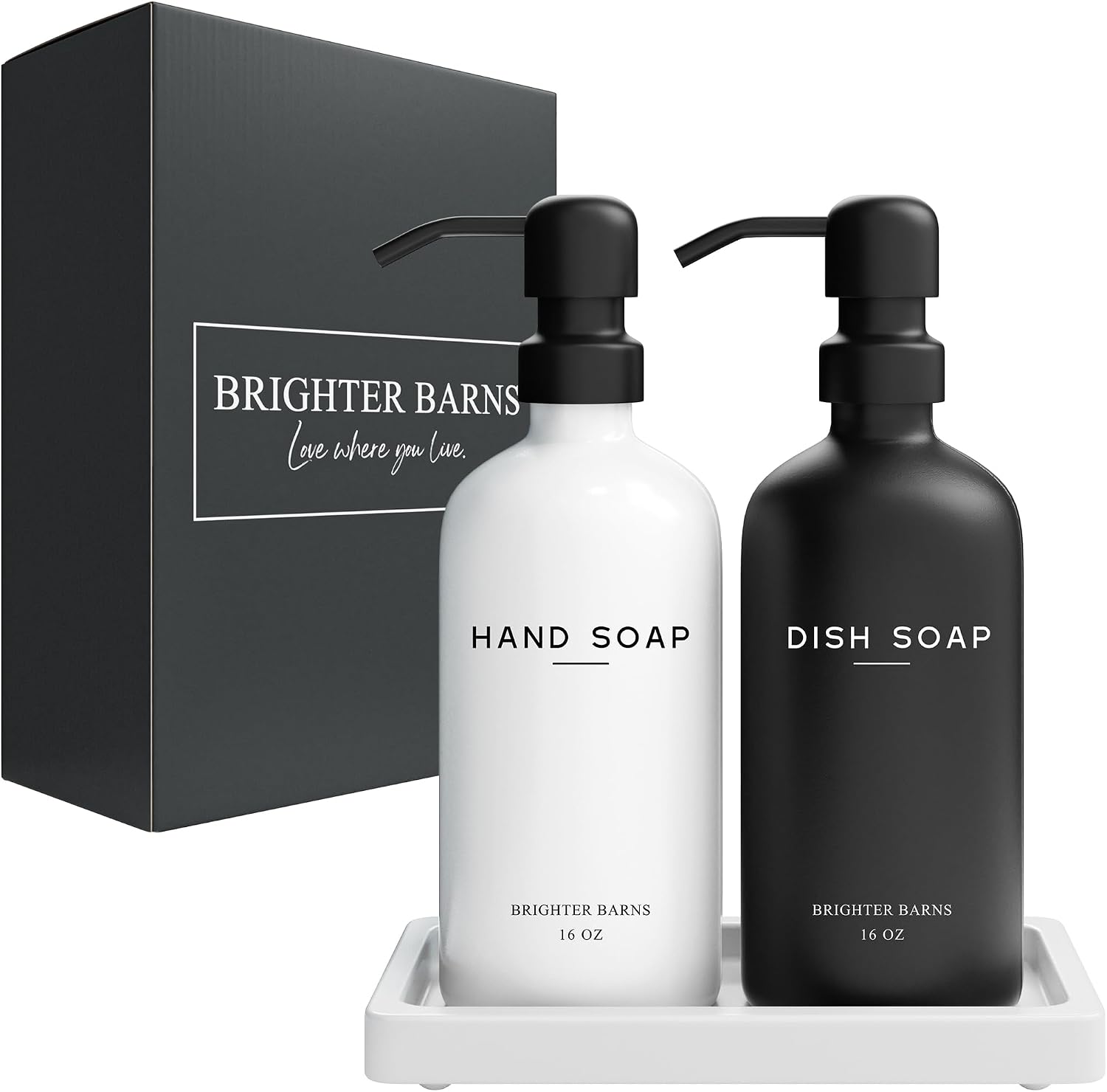 Tray / Glass Hand and Dish Soap Dispenser Set by / Black White Hd