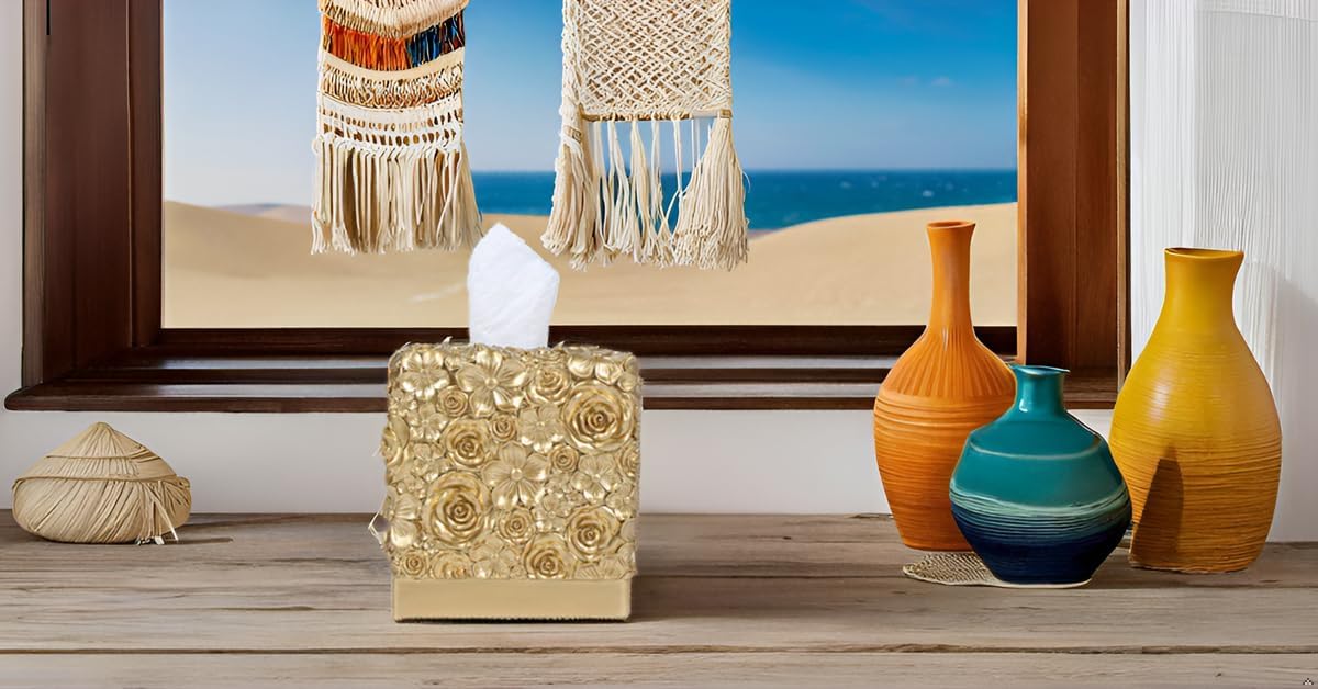 Modern Square Tissue Box Cover Holder / Petal Golden