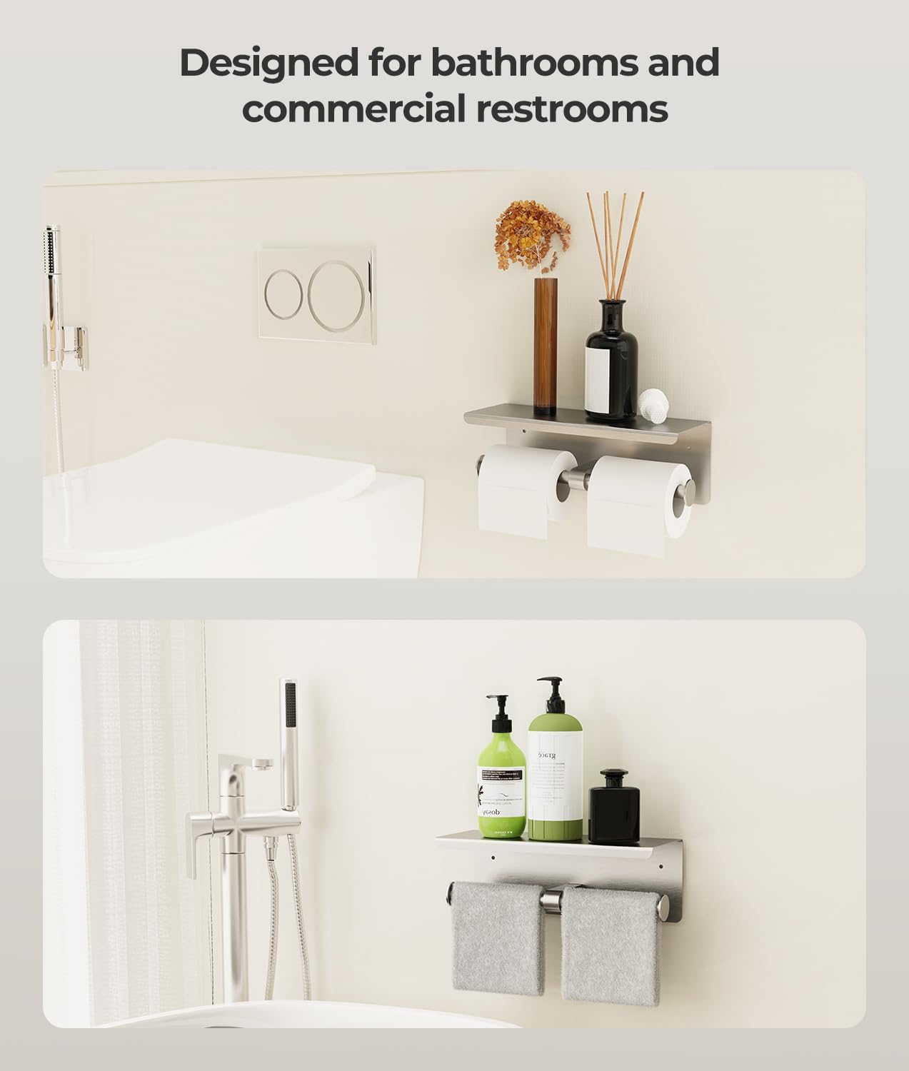 Double Toilet Paper Holder with Shelf, Wall Mount Tissue Roll Holder for Bathroom, 304 Stainless Steel Commercial