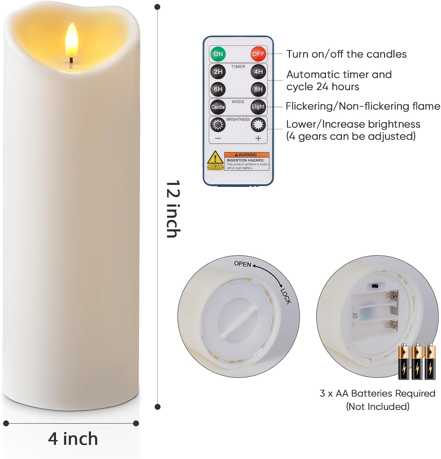 Amagic 4” x 12” Large Outdoor Candles with Timer Waterproof, Flickering Flameless Candles Battery Operated with Remote