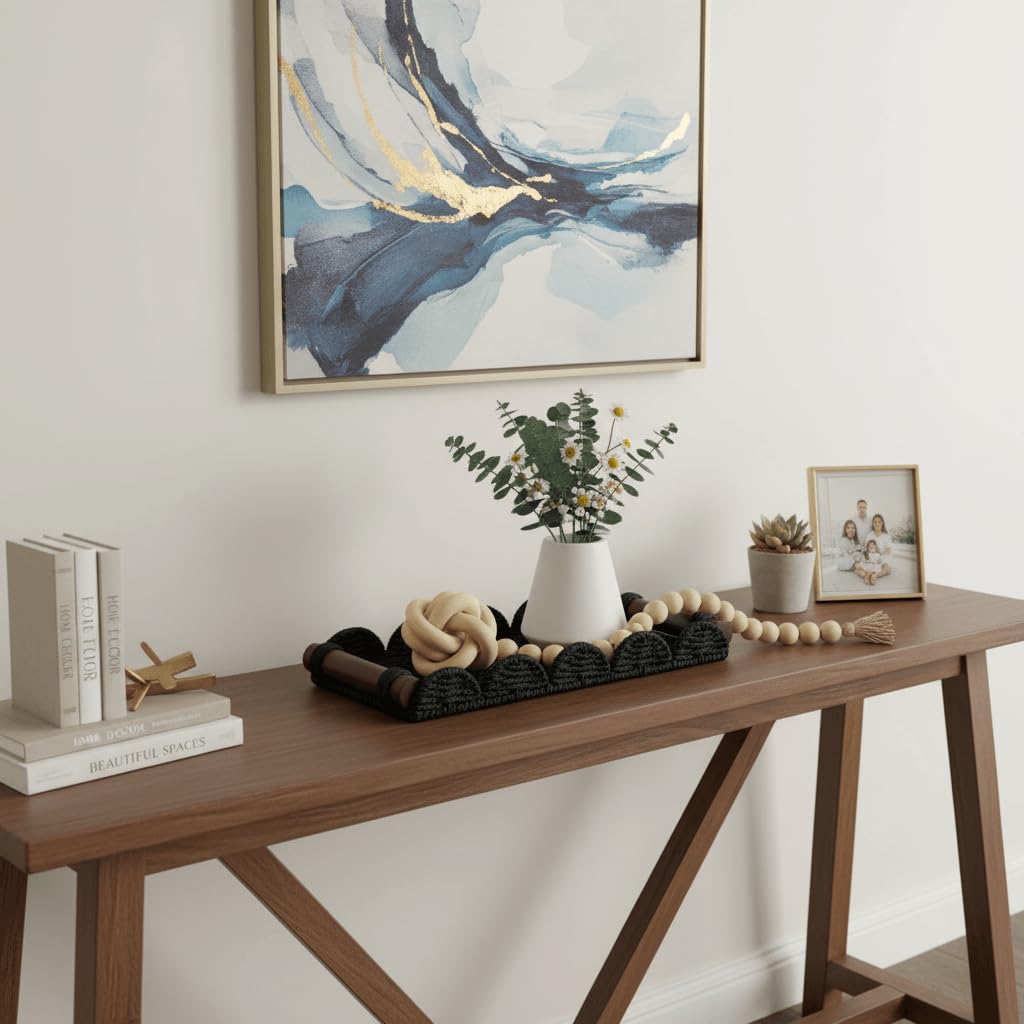 Scalloped Decorative Tray w/Wood Handle for Counter / Black / 13 x 6.3 x 1.6