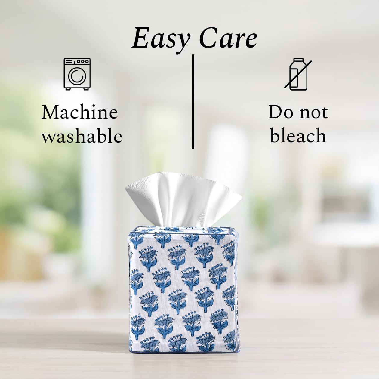 CPC Hand Block Printed Cotton Tissue Box Cover " Square Soft Reusable / Apatite Blue / 5 x 5 x 5.5
