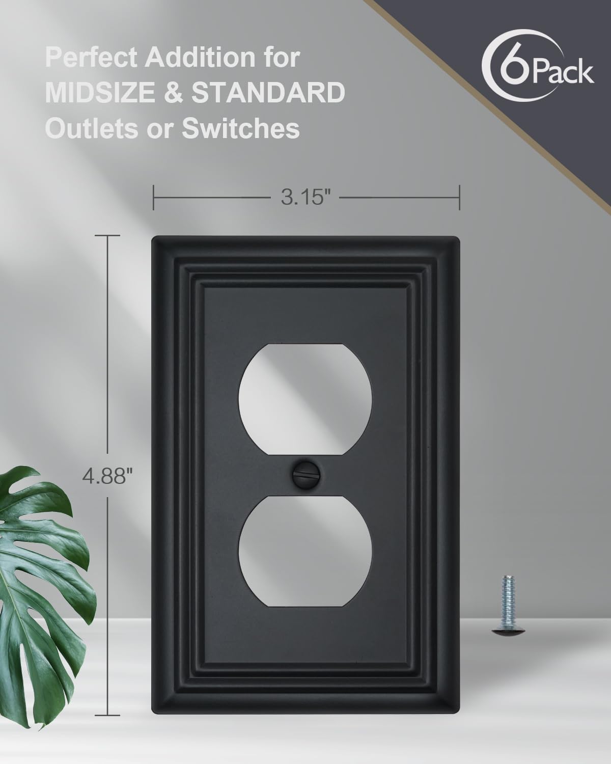 Switch Plates Outlet Covers, 6-Pack Metal Wall Plates, Black Finish | Midsize Duplex Outlet Cover, Ideal for Electrical