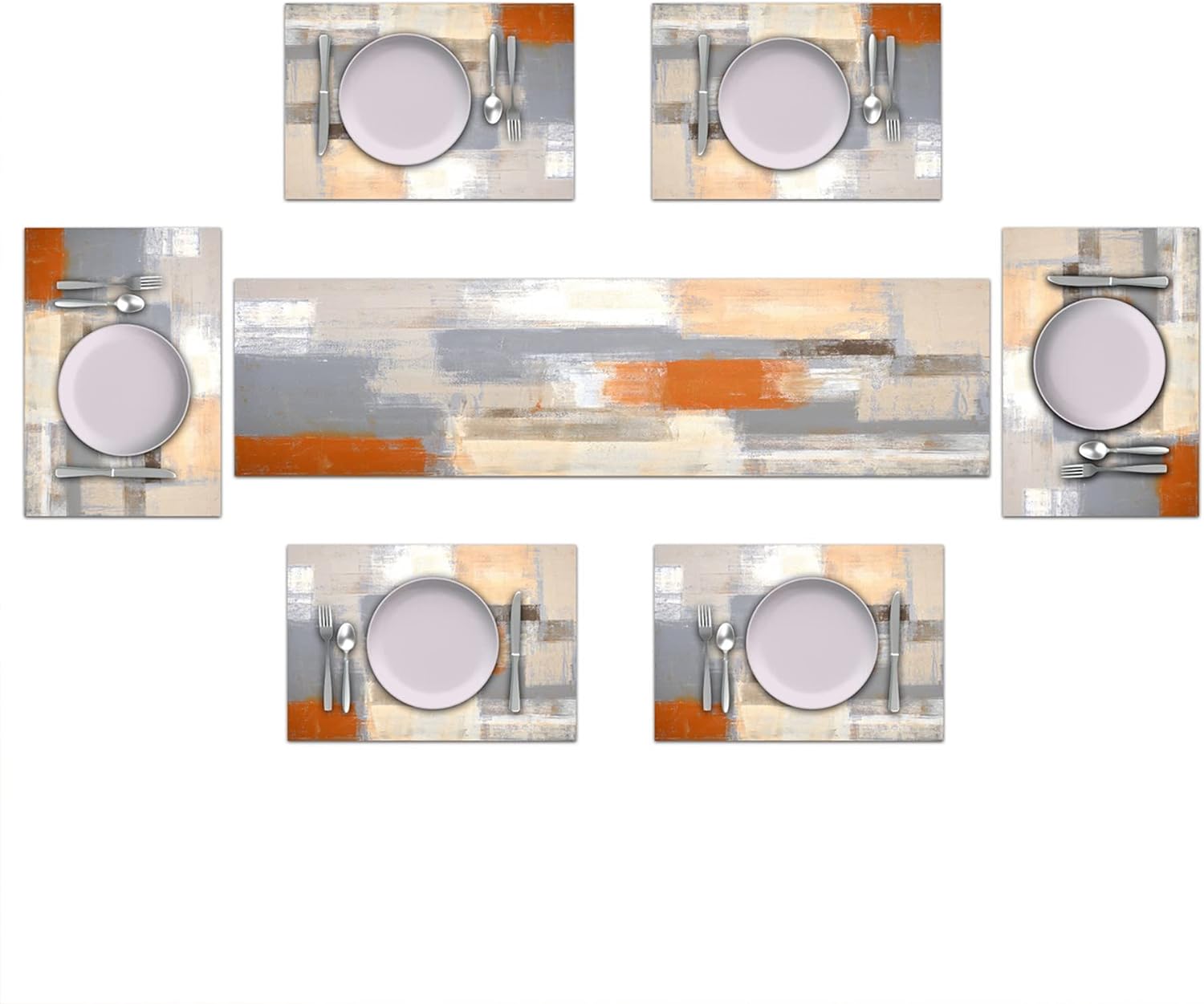 Orange and Brown Abstract Modern Table Runner with Place Mats Set of 7 Retro Graffiti Art Painting Linen Dining Mat