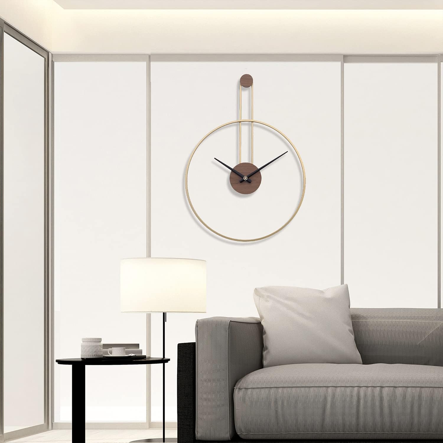 YISITEONE Large Decorative Wall Clock for Living Room,Metal & Walnut Dial Home Decor Silent Non Ticking Lightweight