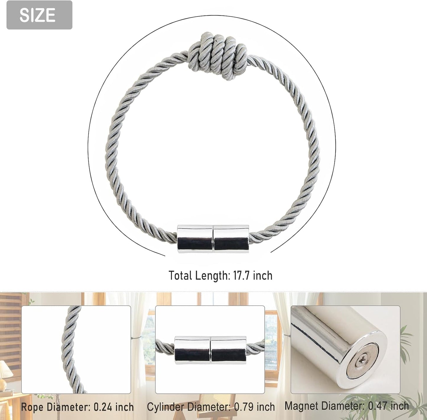 Curtain Tiebacks Magnetic Decorative Rope Tie Backs Holdbacks Contoeey | 8 Pack Grey Modern Elegant Window Treatment