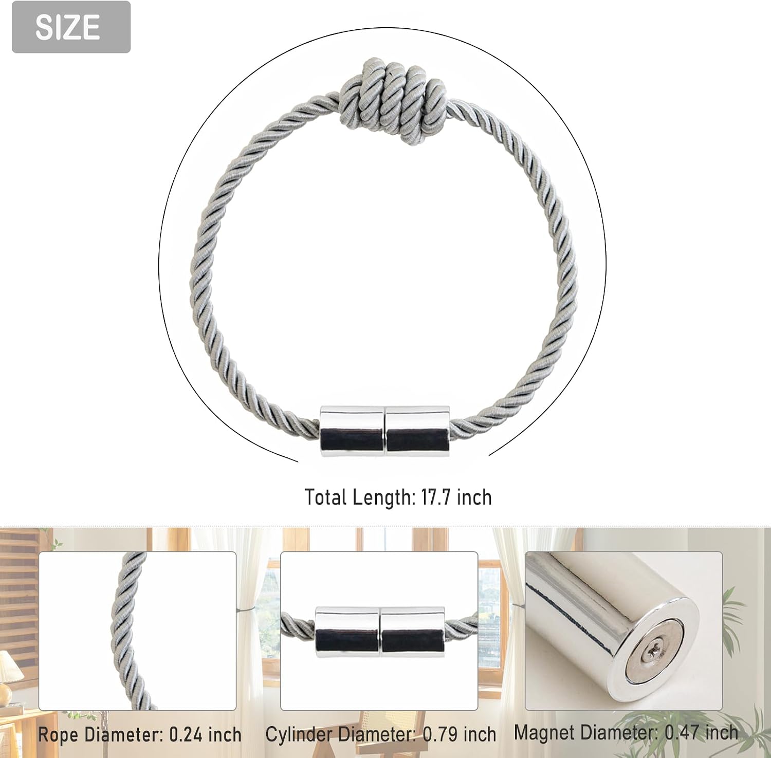 Curtain Tiebacks Magnetic Decorative Rope Tie Backs Holdbacks Contoeey | 8 Pack Grey Modern Elegant Window Treatment