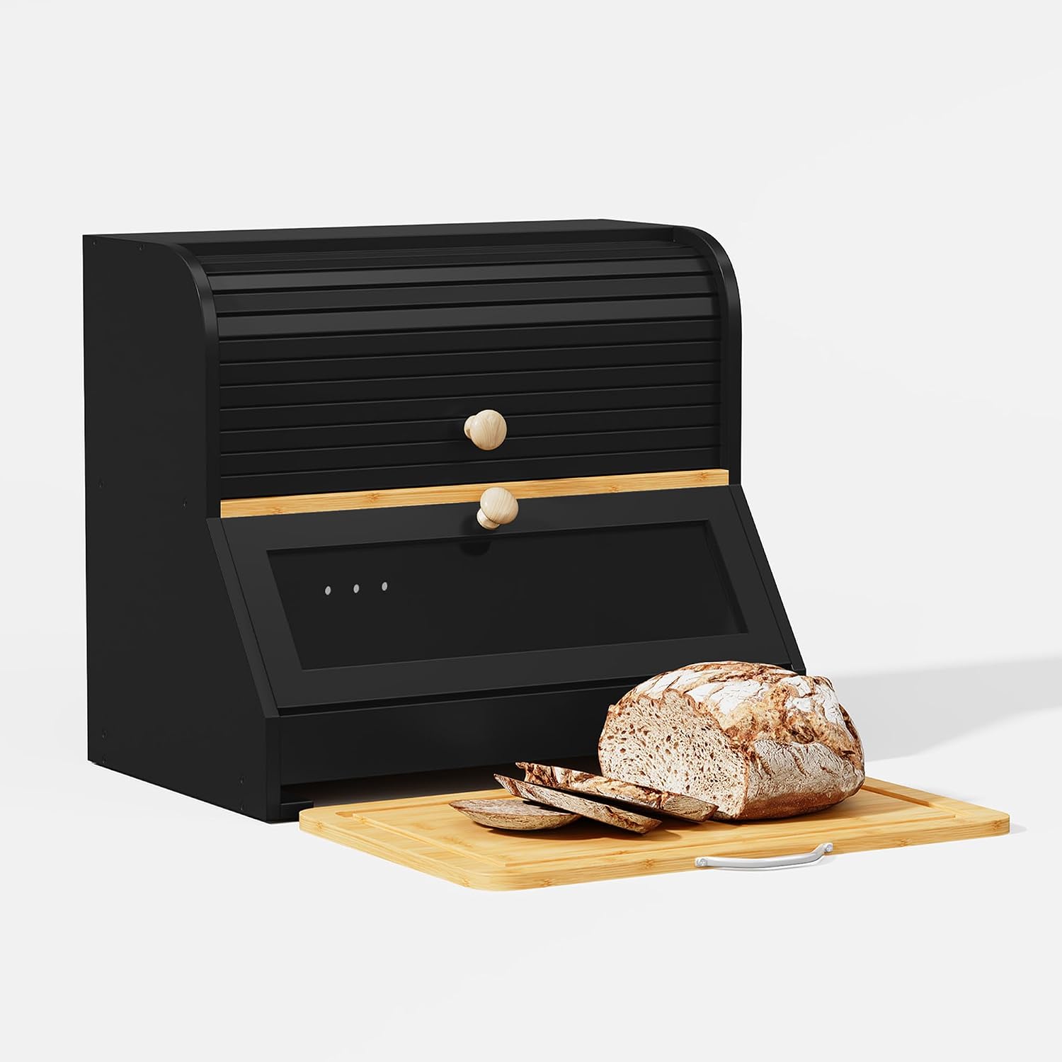 HOLTICO Roll Top Bamboo Bread Box with Cutting Board for Kitchen, Black | 2-Tier Large Wood Bread Bin for Kitchen
