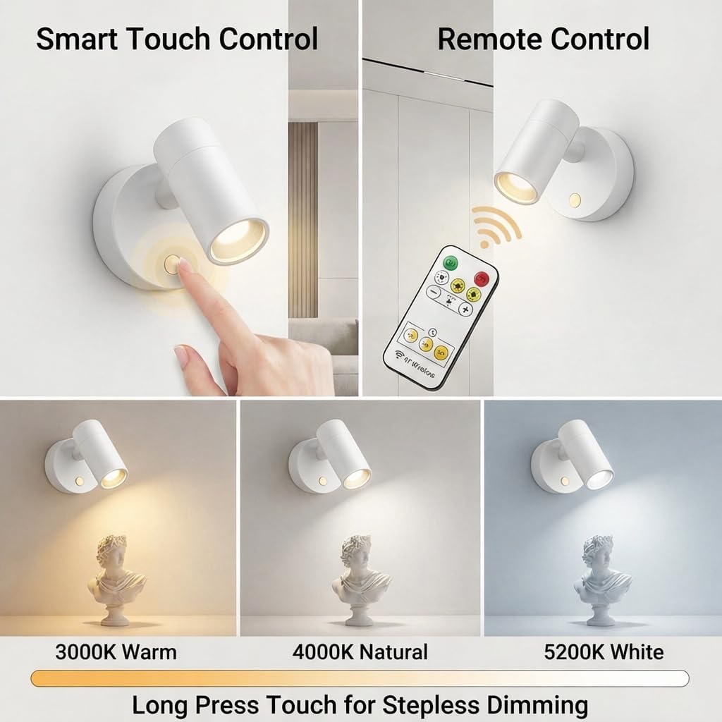 Magnetic Rechargeable Picture Light 2 Pack, Wireless Art Spotlight with Remote & Touch Control, 3 Color Temps Dimmable