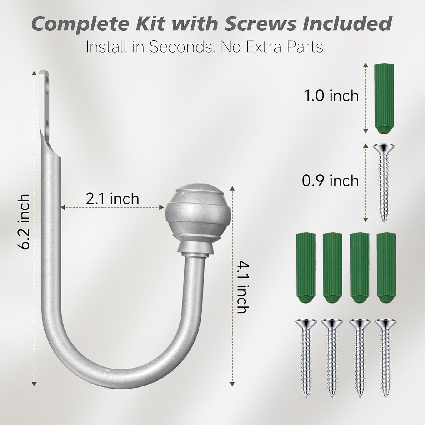 Hion Curtain Holdbacks Silver 6pcs, Curtain Tiebacks Wall Mounted Hooks | Curtain Holders for Drapes, One-Piece Metal