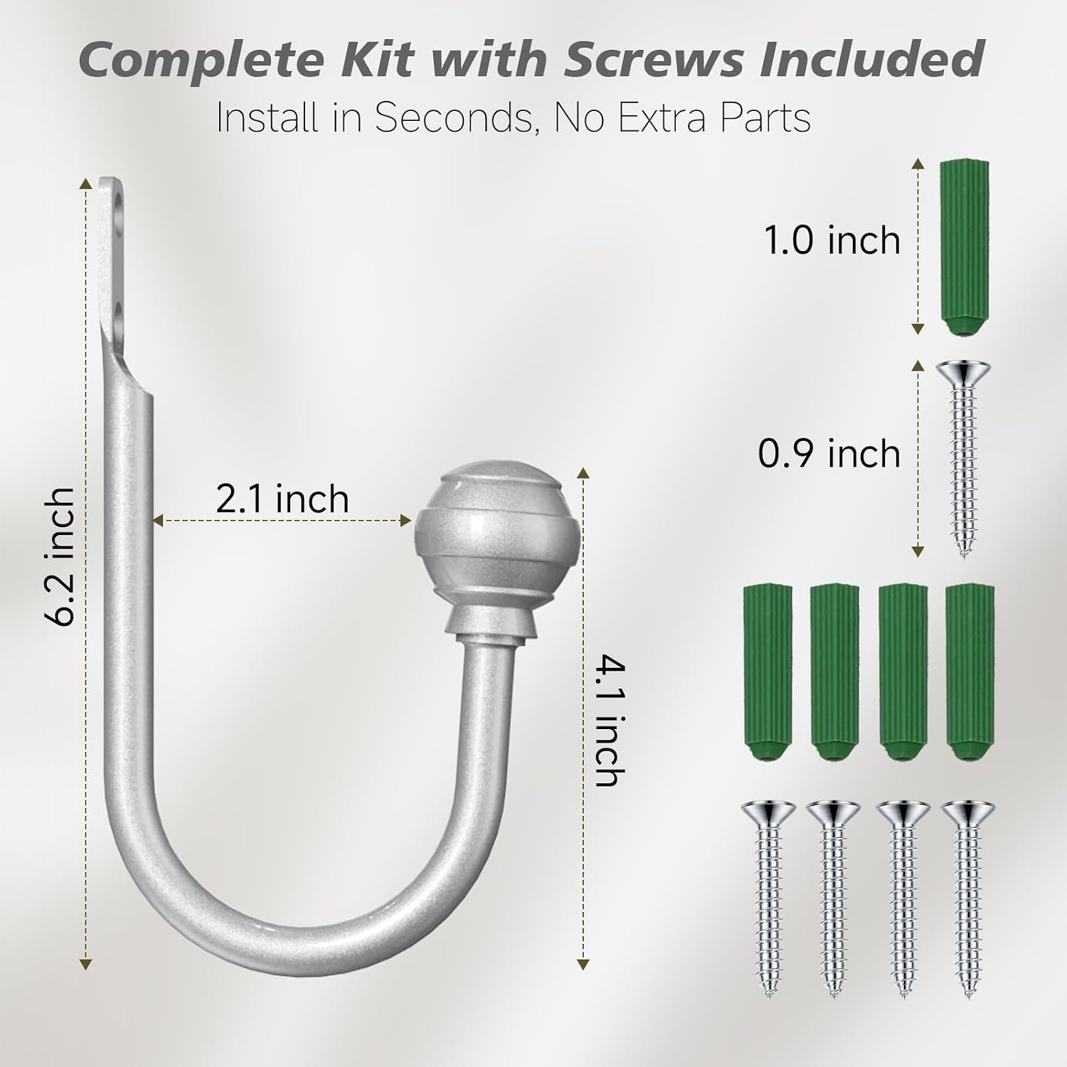 Hion Curtain Holdbacks Silver 6pcs, Curtain Tiebacks Wall Mounted Hooks | Curtain Holders for Drapes, One-Piece Metal