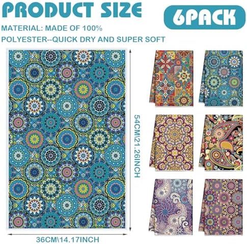 Redbaker 6 Pcs Boho Kitchen Towels, Mandala Absorbent Dish Towels