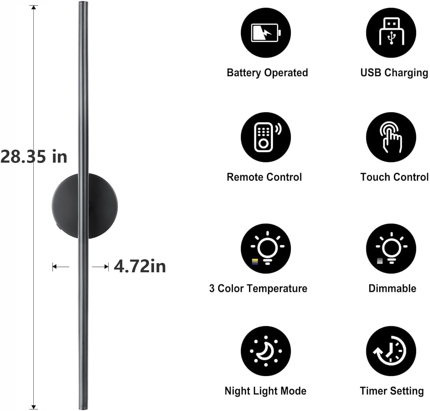 Rechargeable Wall Sconce Set of Two, Modern Wireless Black Wall Sconces with Remote, 28.35Inch Dimmable Indoor Home