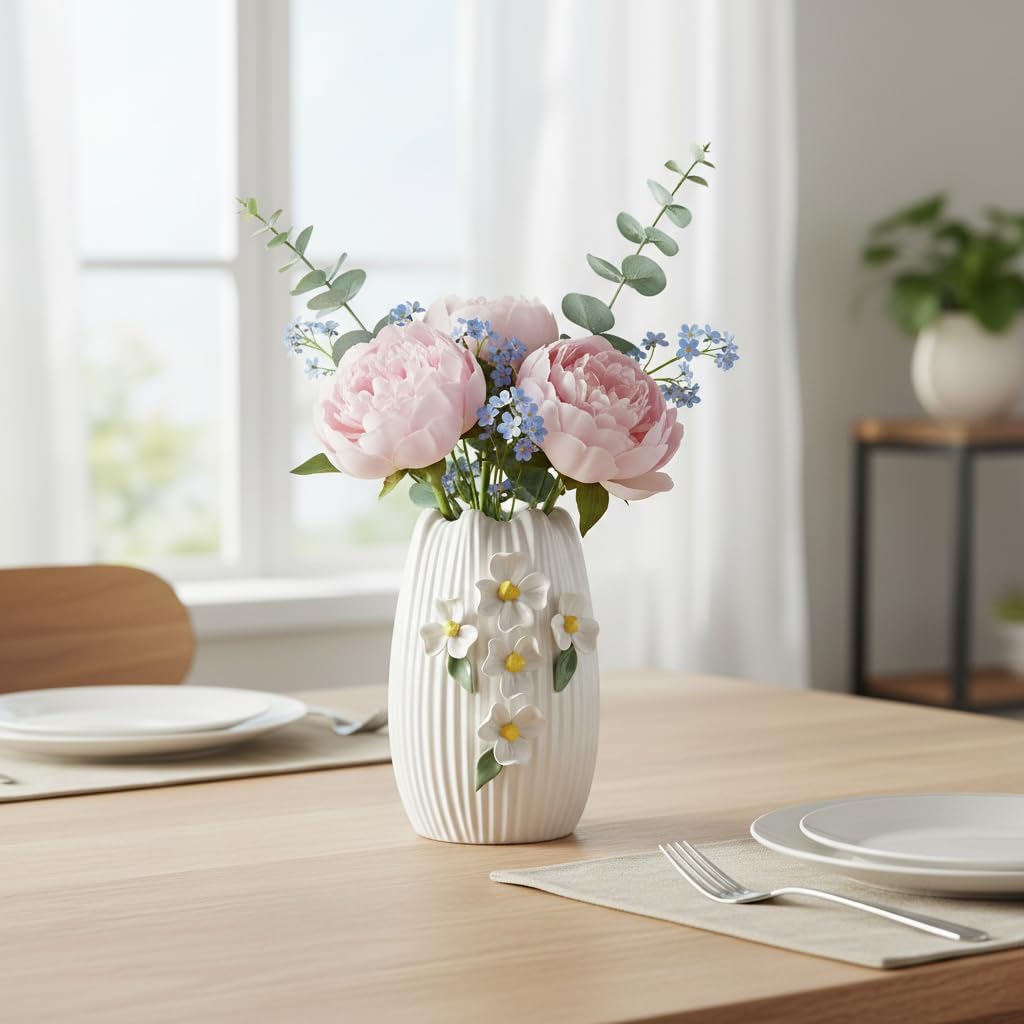 White Ceramic Vase / White and Yellow / 7 Inch