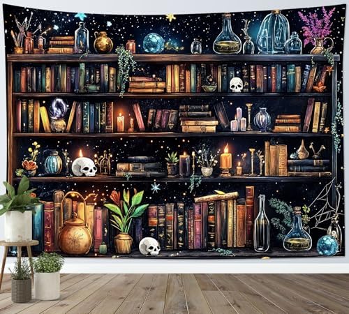 HVEST Magic Bookshelf Tapestry Wall Hanging Vintage Bookshelf Witchy Books Plant Skull Gothic Halloween Tapestry Aesthetic Starry Sky Tapestries for Bedroom Living Room Dorm, 51L x 59W Inches