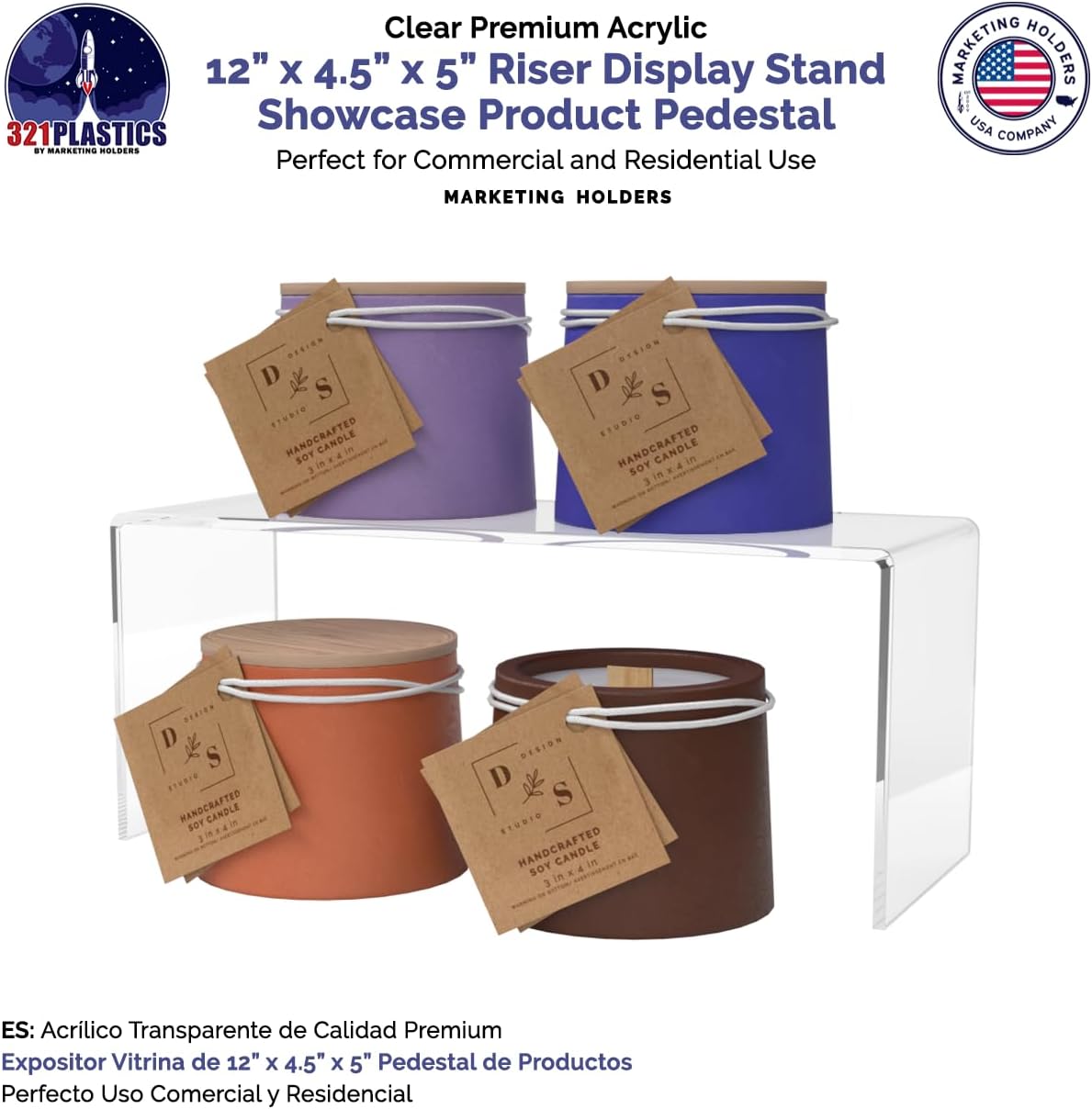 Marketing Holders 4 Pack Acrylic Riser Display Stand 12 Inch Wide by 4.5 Inch Deep Clear Plastic Countertop Tabletop