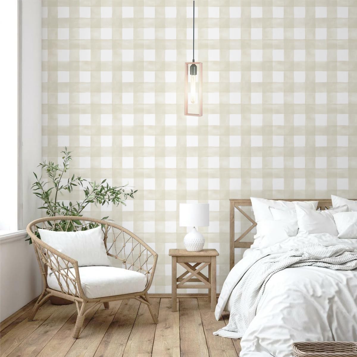 Peel and Stick Wallpaper Boho Modern Wall Paper Checkered Peel / 17.3 x 196.8 / Beige and White