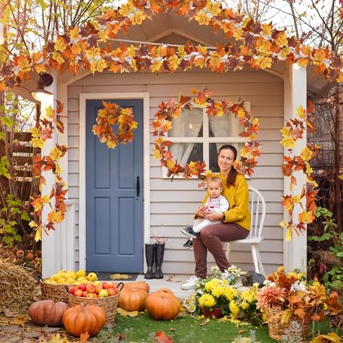2Pack 11.8FT Fall Garland for Mantle Thanksgiving Wedding Autumn Decoration