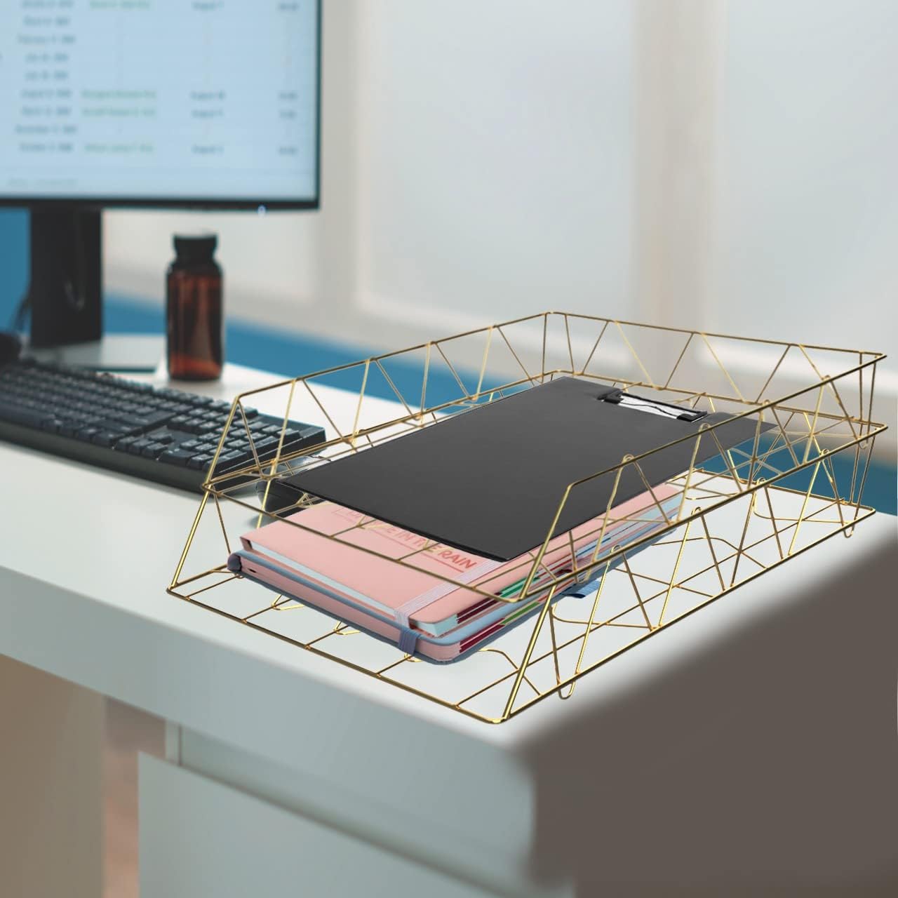Performore 11x17 Stackable Metal Paper Tray Organizer, 2-Tier Wire Desk Trays for Office & Home, Gold File Holder for