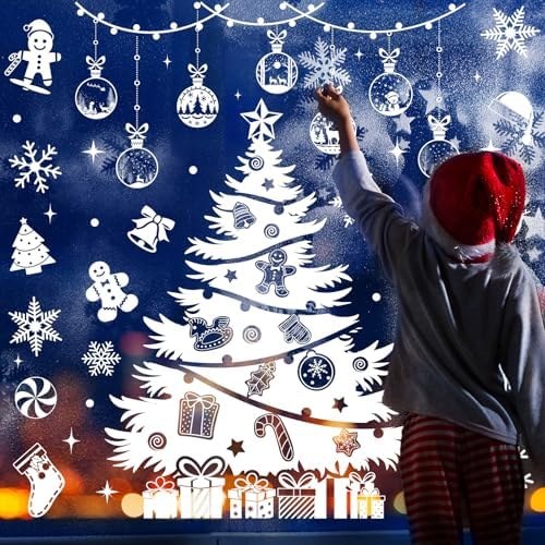 Whaline 6 Sheets Large Christmas Window Clings White Xmas Tree Ornament Reusable Anti-Collision Windows Decals for Winter Home School Office Party Decor Supplies