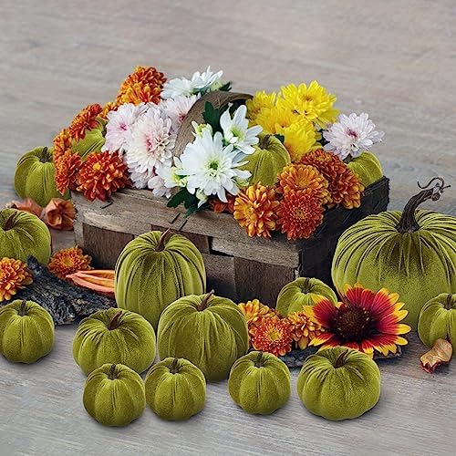 Woration 16pcs Artificial Green Velvet Pumpkins Assorted Sizes