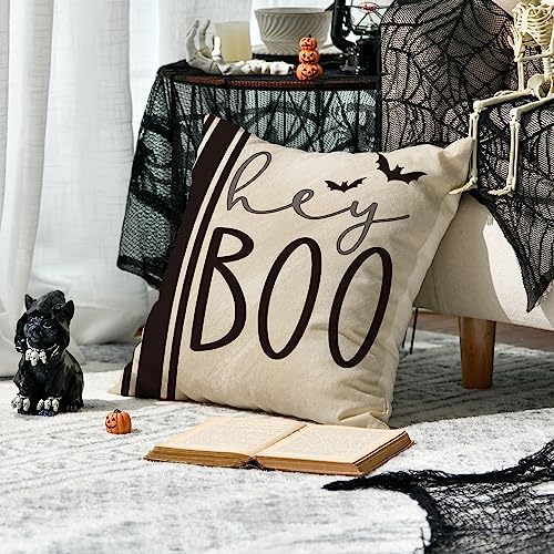 AVOIN colorlife Halloween Hey Boo Cute Ghost Spooky Throw Pillow Covers, 20 x 20 Inch Horror Scary Cushion Case for Sofa Couch Set of 4, Black