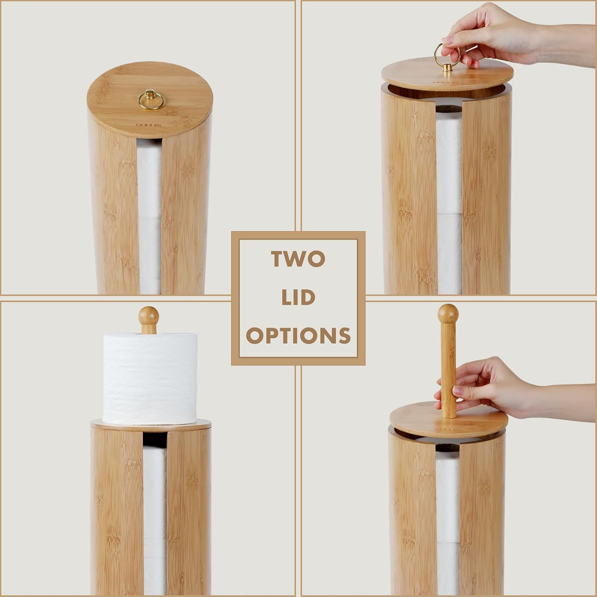 Gobam Bamboo Toilet Paper Storage with Dual-Use Lid, Freestanding Bathroom Tissue Organizer with Viewing Slot, Built-In