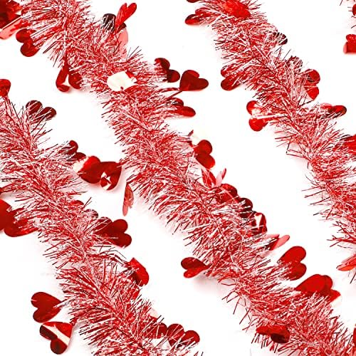 FOIMAS 33FT Valentine's Day Tinsel Garland,Heart Metallic Twisted Hanging Garland for Home Wedding Decoration Party Supply,Red & White