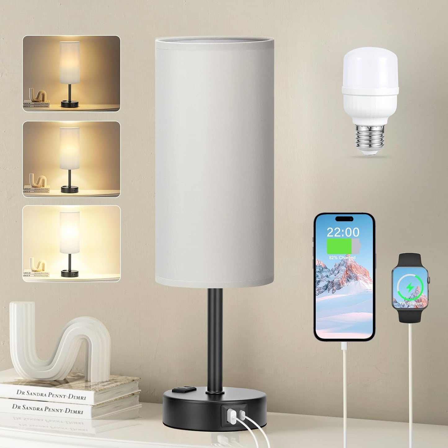 Fenmzee Grey Bedside Lamp for Bedroom, Dimmable Touch, USB A+C, AC Outlet