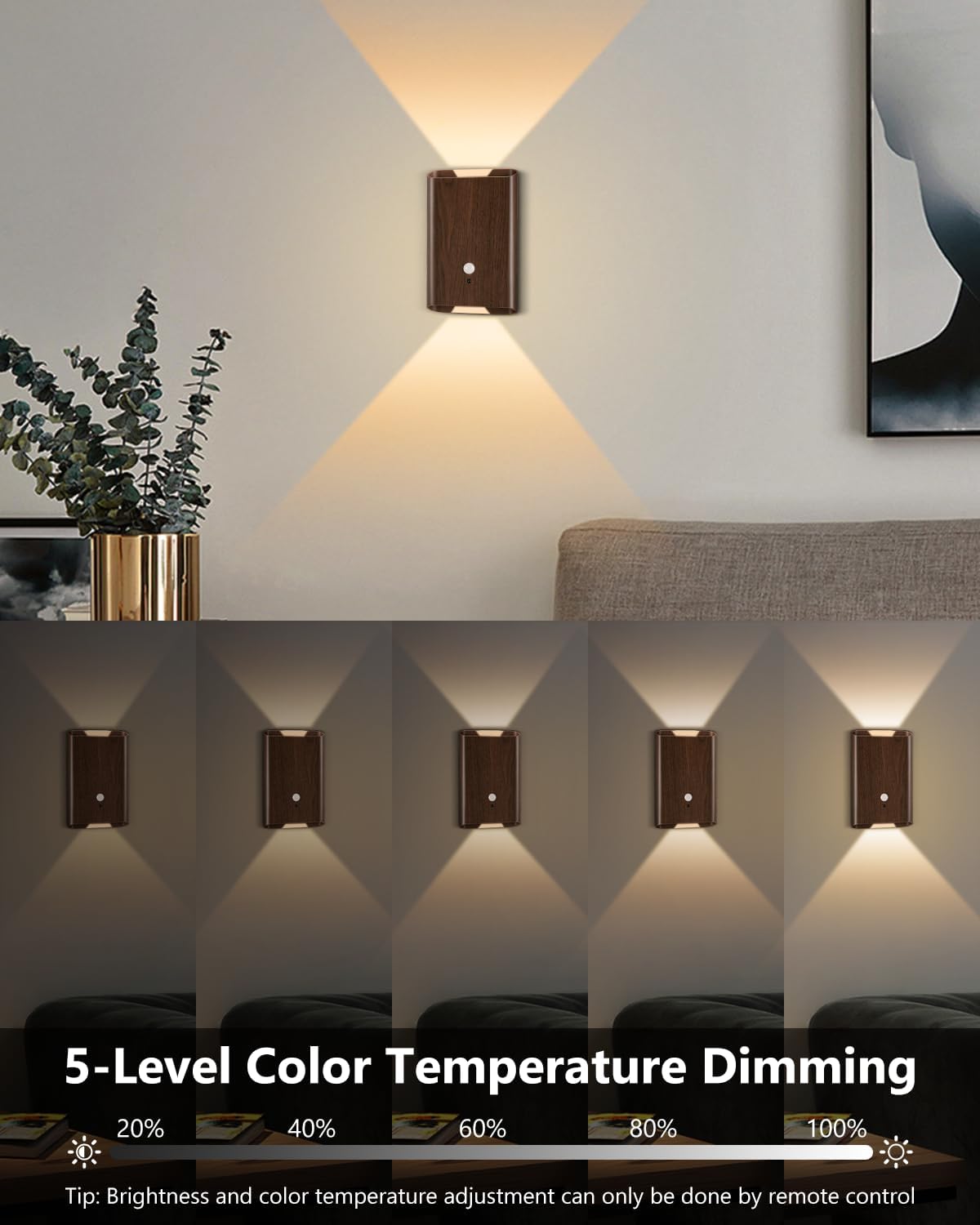 WERFOP Rechargeable Motion Sensor Wall Light Set of 2 (Walnut) | 5000mAh Wireless Battery Operated,3 Colors Up/Down