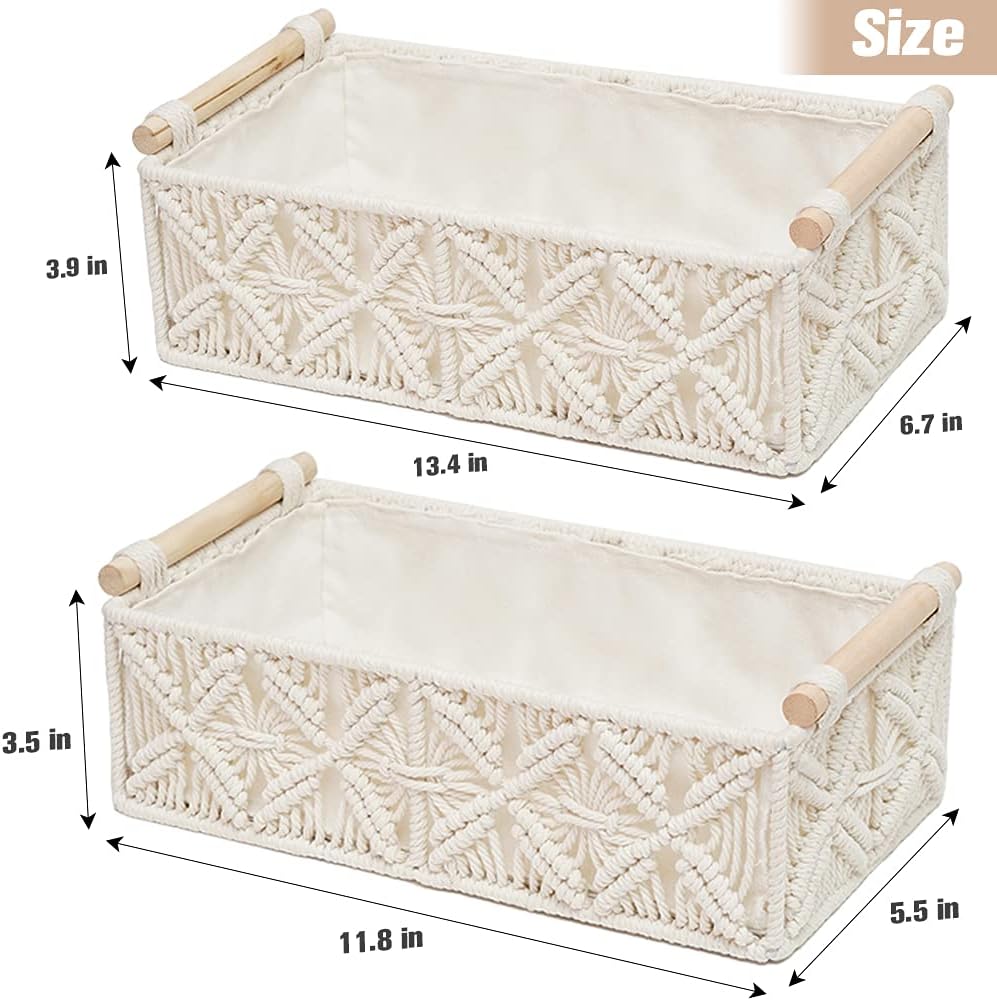 Macrame Storage Basket Boho Decor Baskets for Organizing Woven Decorative for Countertop / White