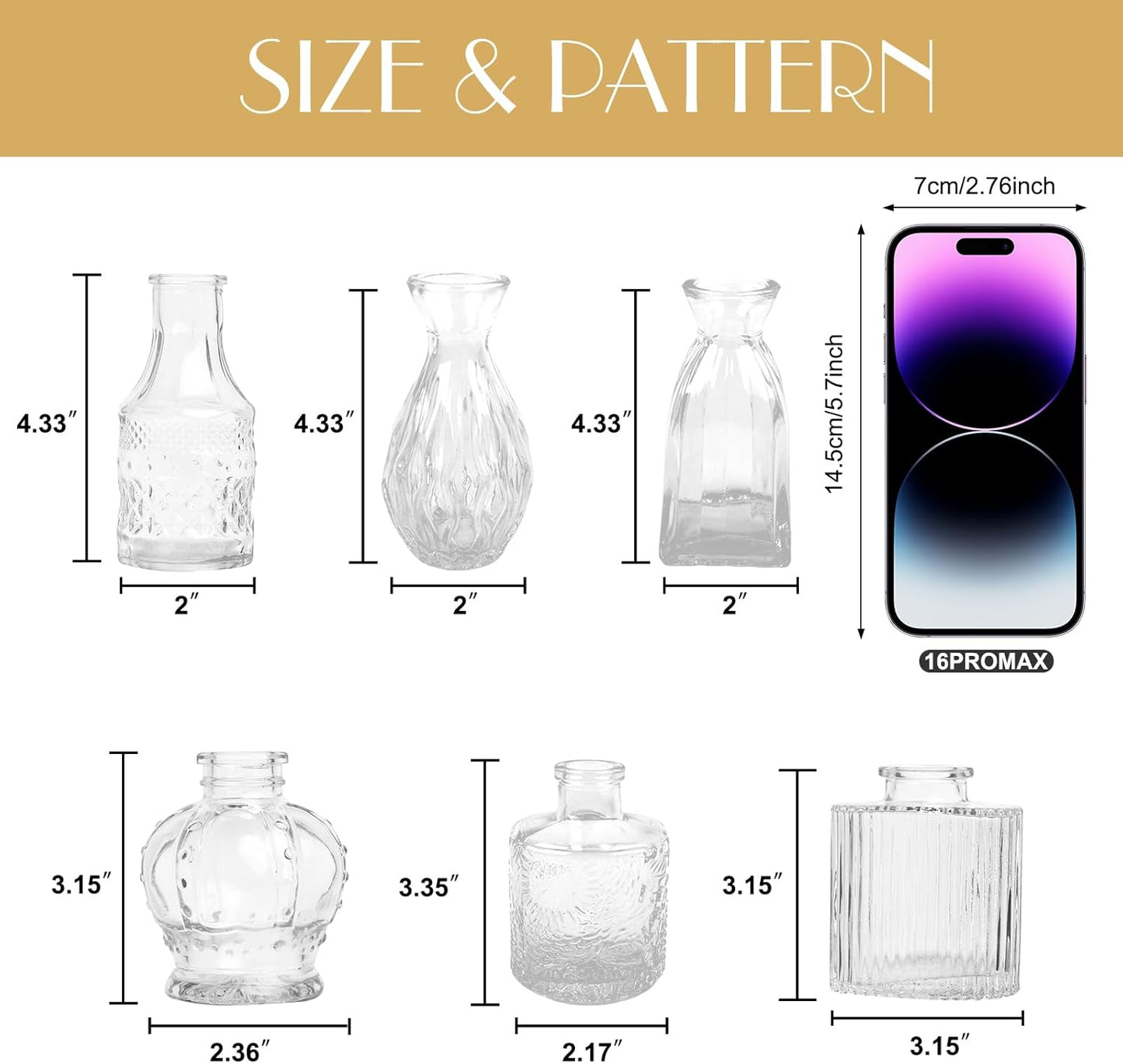 Glass Vase / Petal Petite Small Glass Bud Vase / Clear / Set of 6