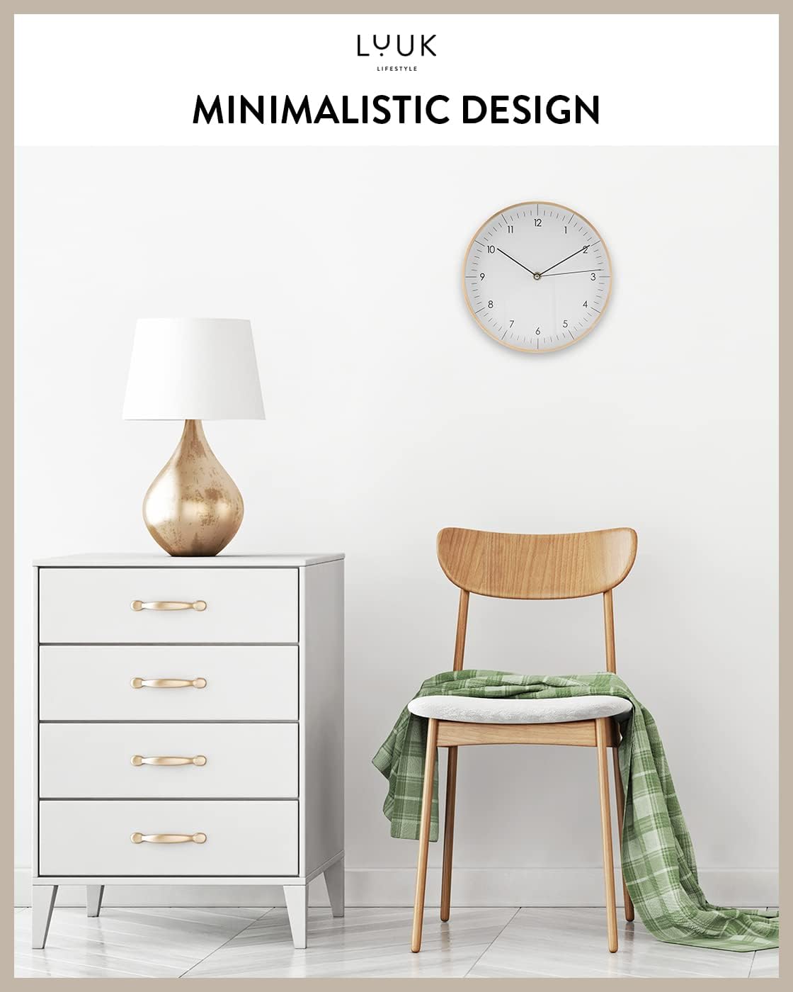 Modern Silent Quartz Wall Clock, 12in, White & Gold | Minimalist & Retro, for Living Room, Bedroom, Kitchen, Foyer