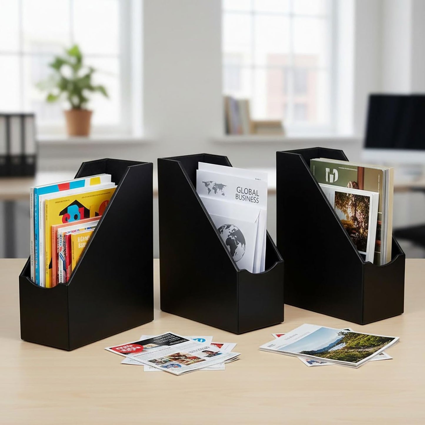 UnionBasic Magazine File Holder, Leatherette Desktop Document Organizer, Home Office Paper Holder File Storage