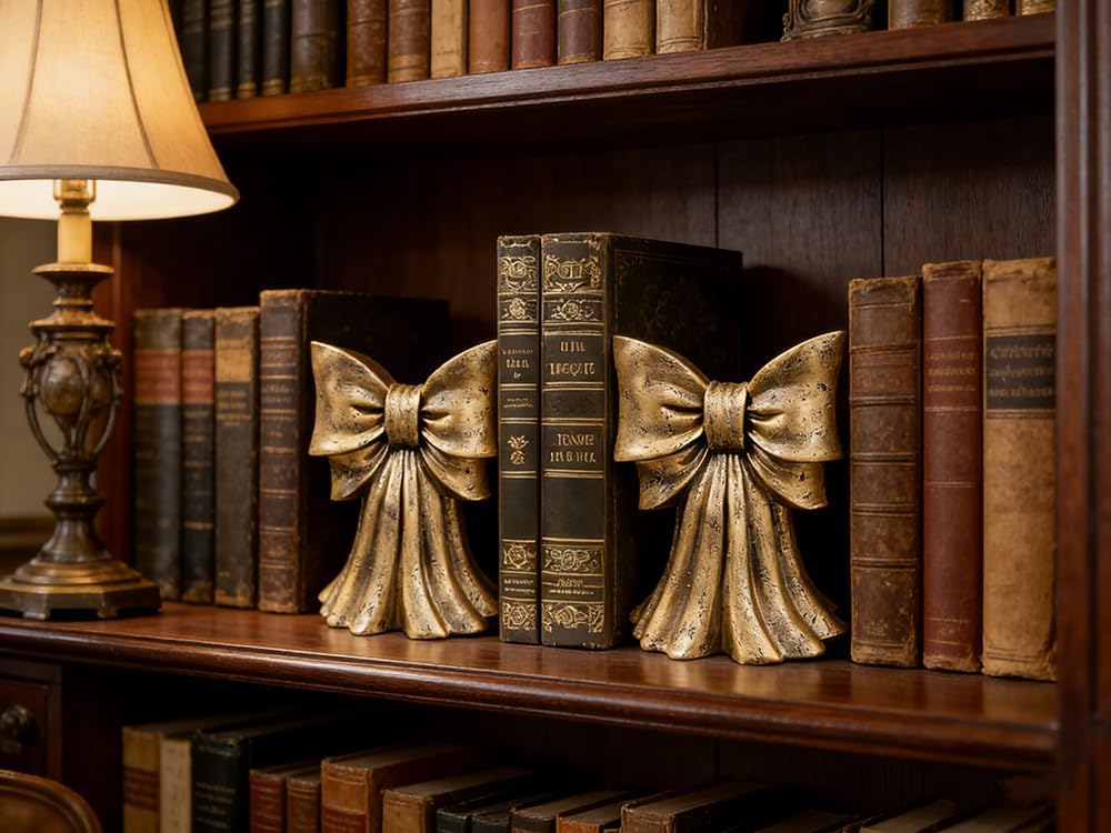 Vintage Bow Bookends for Large Heavy Books / Gold / Set of 2