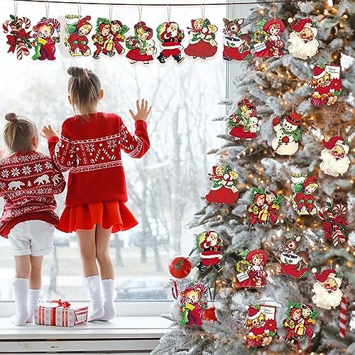 Geelin 24 Pcs Vintage Christmas Ornaments Hanging Wooden Cutouts for Tree